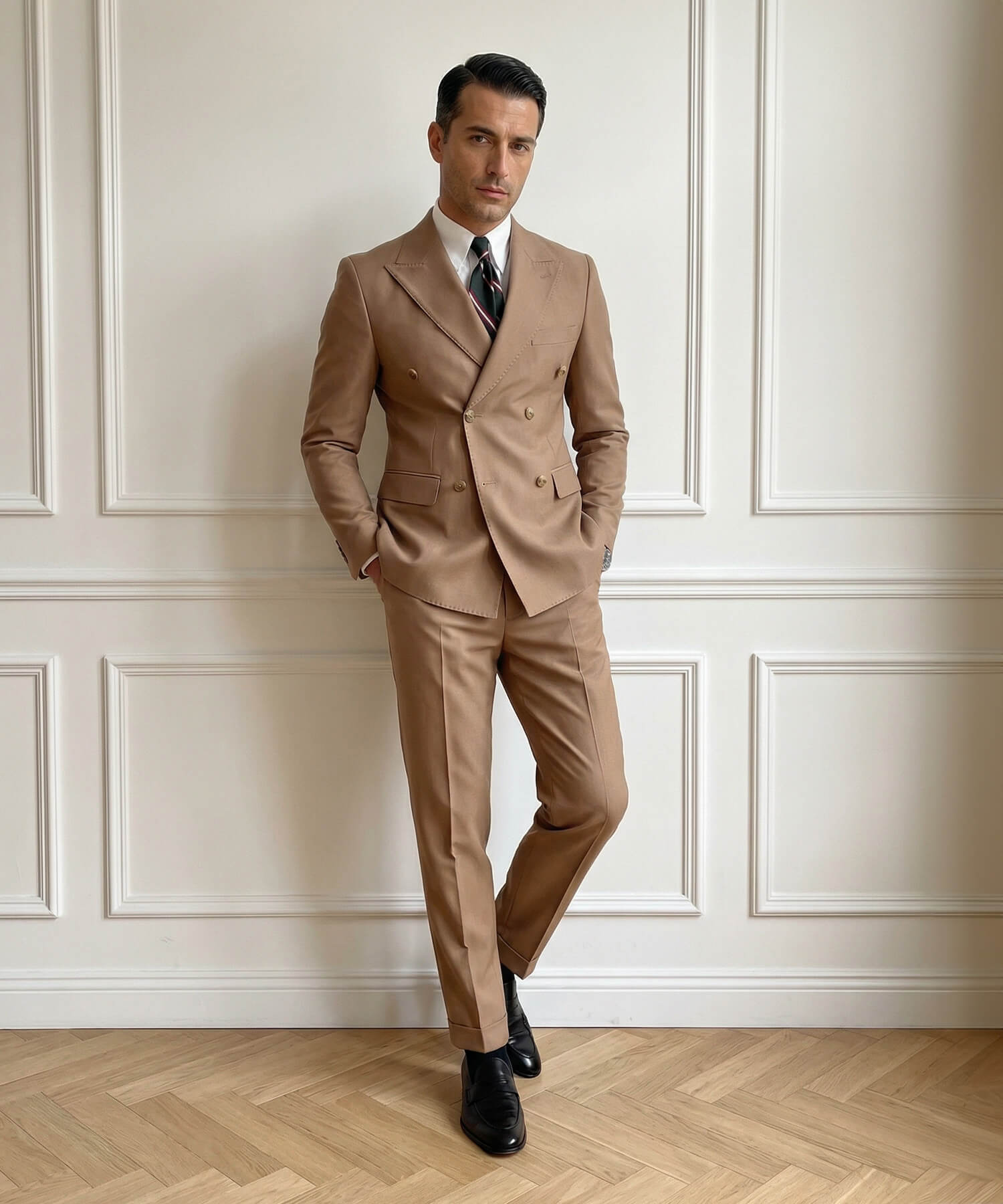 【ドラマ着用】スリムフィット ダブルブレスト ワイドカラー ピークドラペル 6つボタン フラップポケット 機能性抜群 シワになりにくい エレガント セットアップ