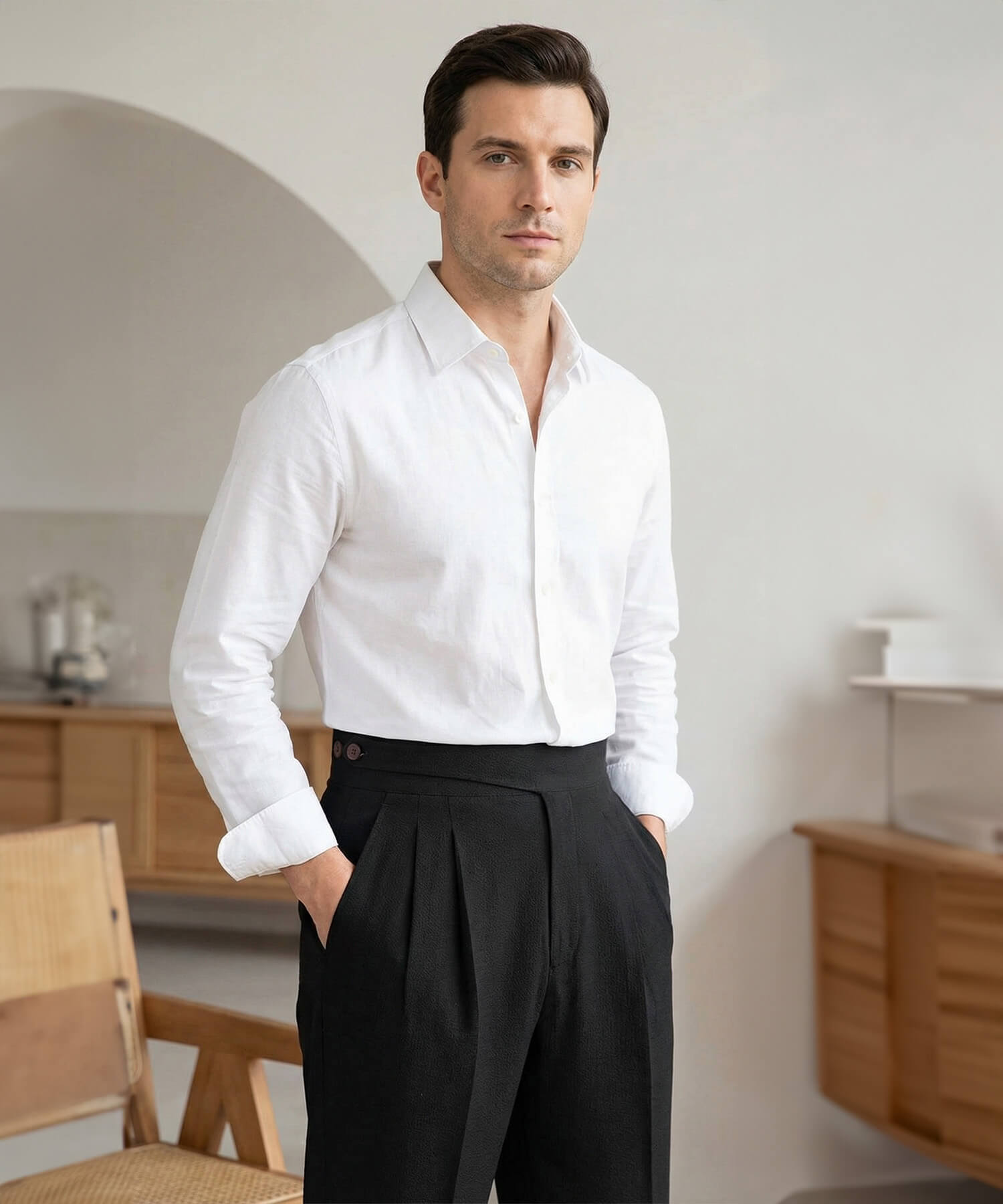 スリムフィット 2つボタン ジャストウエストサイドベルト サイズ調整可能 メンズ ストレート トラウザー パンツ シワになりにくい エレガント スラックス ズボン