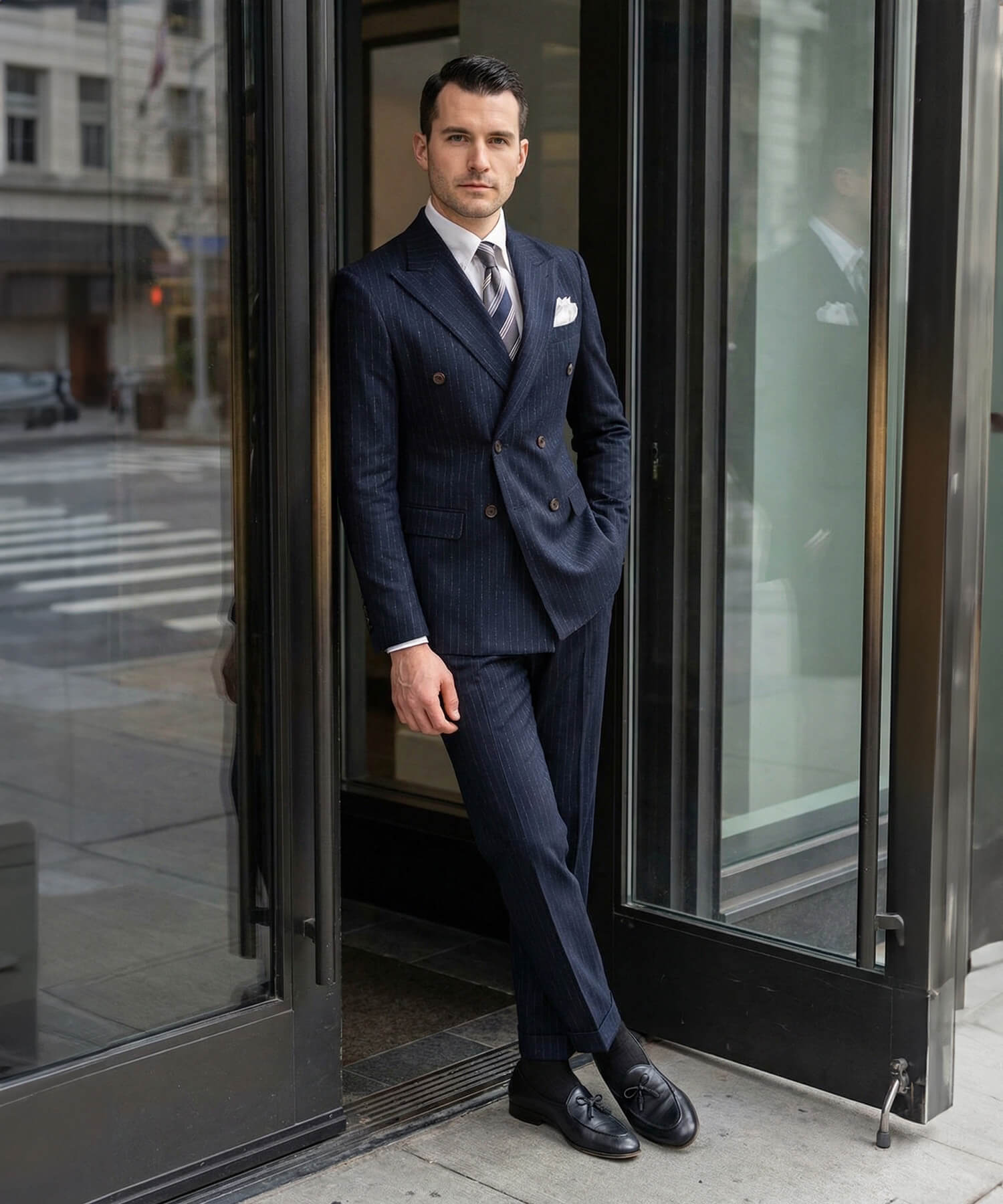 【ドラマ着用】スリムフィット ダブルブレスト 6つボタン ストライプ 柄 フラップポケット 胸ポケット 機能性抜群 シワになりにくい ピークドラペル エレガント テーラード セットアップ