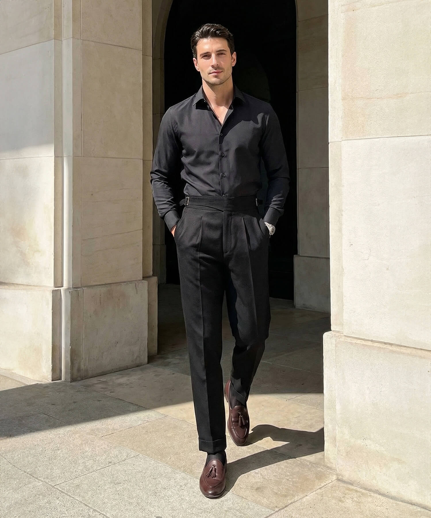 レギュラーフィット 両サイドベルト ラップウエスト サイズ調整可能 メンズ ストレート トラウザー パンツ シワになりにくい エレガント スラックス ズボン