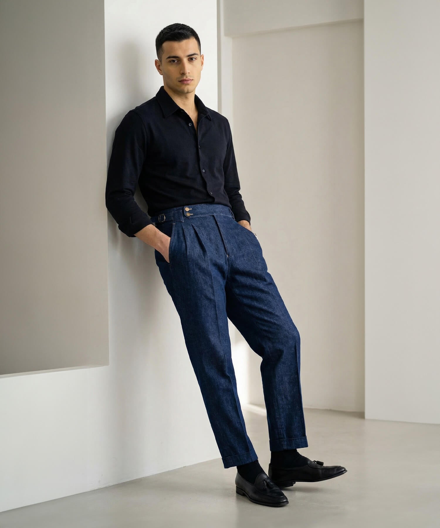 【ドラマ着用】デニム生地 2つボタン ウエストサイドベルト サイズ調整可能 メンズ ストレート トラウザー パンツ  シワになりにくい エレガント スラックス ズボン