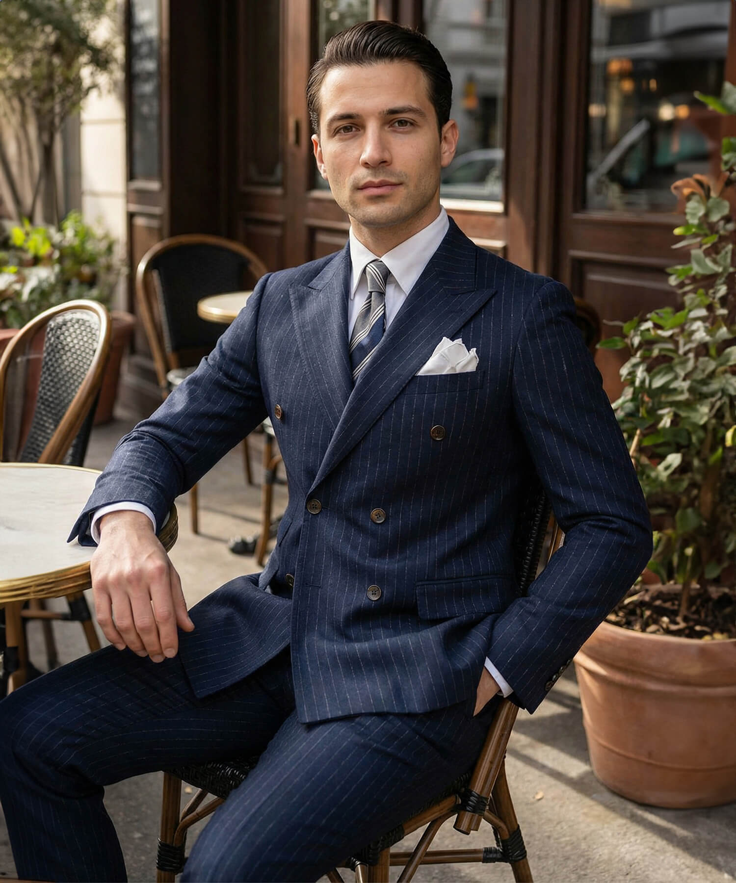 【ドラマ着用】スリムフィット ダブルブレスト 6つボタン ストライプ 柄 フラップポケット 胸ポケット 機能性抜群 シワになりにくい ピークドラペル エレガント テーラード セットアップ