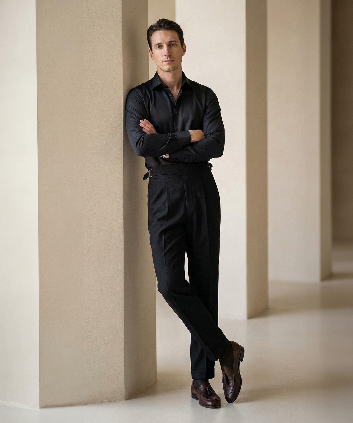 レギュラーフィット 両サイドベルト ラップウエスト サイズ調整可能 メンズ ストレート トラウザー パンツ シワになりにくい エレガント スラックス ズボン